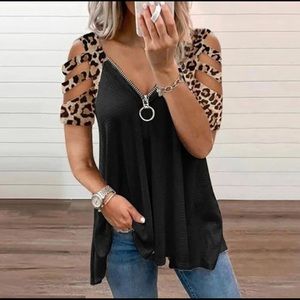 Leopard sleeve - V-Neck Short Sleeve Top - Size XL